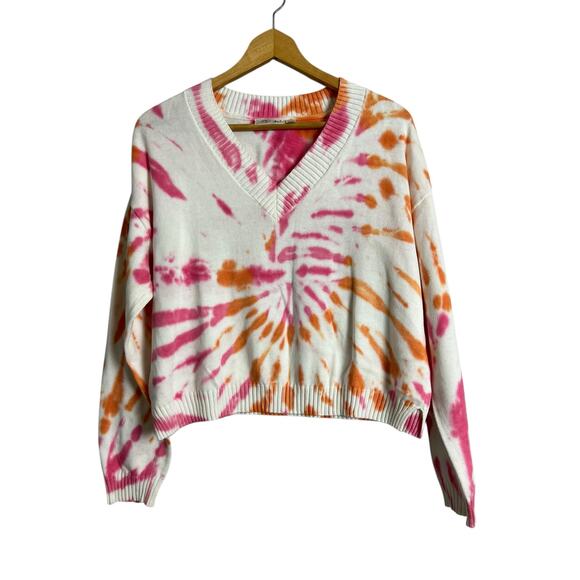 RD Style Women's White Pink Cotton Tie Dye V-Neck Cropped Sweaters Size Medium - Picture 1 of 5